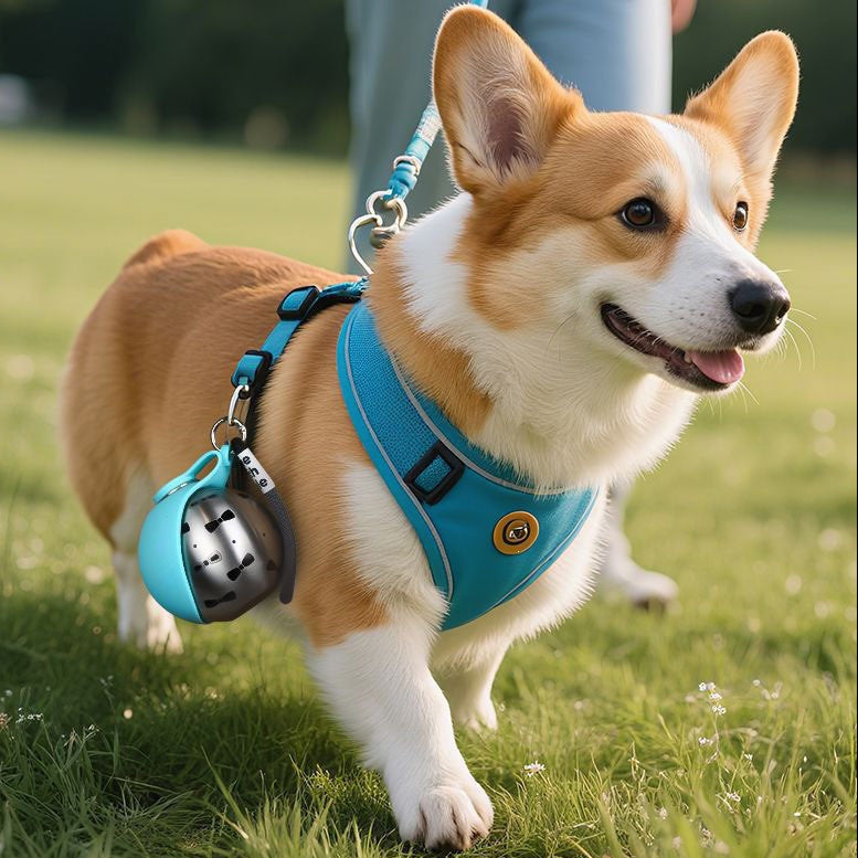 Dog wearing harness with the blue water bottle clipped on during a walk